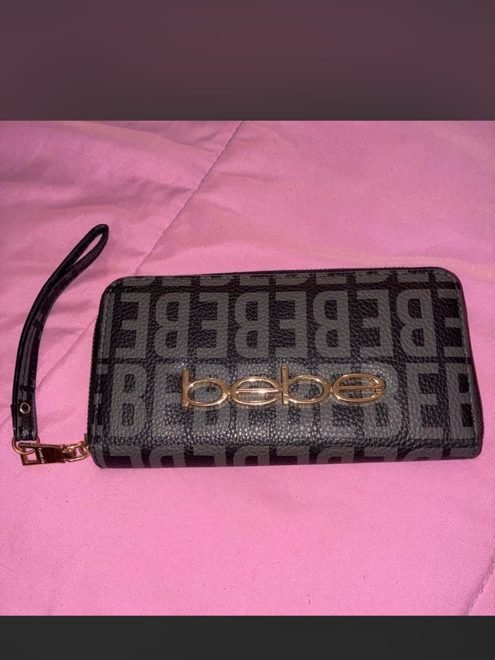 bebe Black Logo Zip-Around Wristlet with Gold Hardware